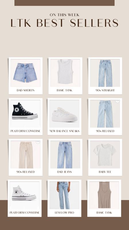 Jean shorts, Abercrombie style, Abercrombie jeans, Abercrombie denim, Abercrombie jean shorts, basic tank tops, baby tee, platform converse, all white sneakers, new balance sneakers, beige jeans, Levi low pro jeans