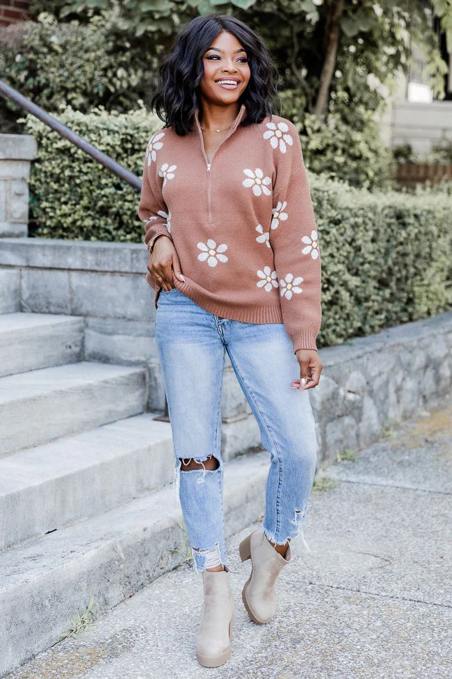 Make It Count Brown Flower Printed Quarter Zip Pullover | Pink Lily