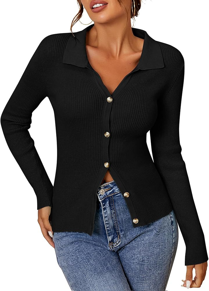ZAFUL Women Long Sleeve Polo Sweater V Neck Button Down Ribbed Knit Cardigan Top | Amazon (US)