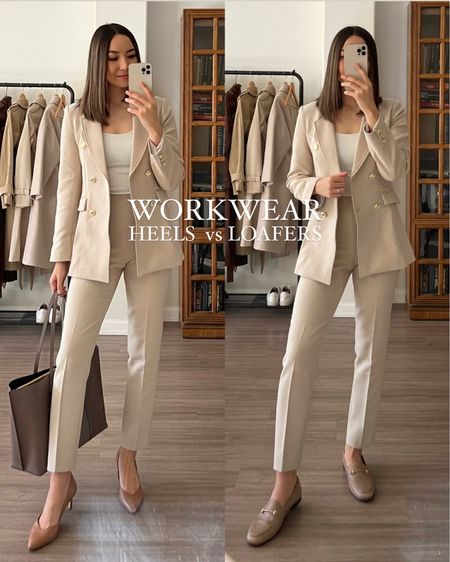 Workwear beige Karen Millen suit: heels vs loafers 

Blazer & pants - size 2, could have sized up 



#LTKworkwear #LTKstyletip