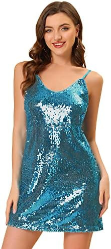 Allegra K Women's Glitter Sequin Dress Spaghetti Strap V Neck Party Cocktail Sparkly Mini Dress C... | Amazon (US)