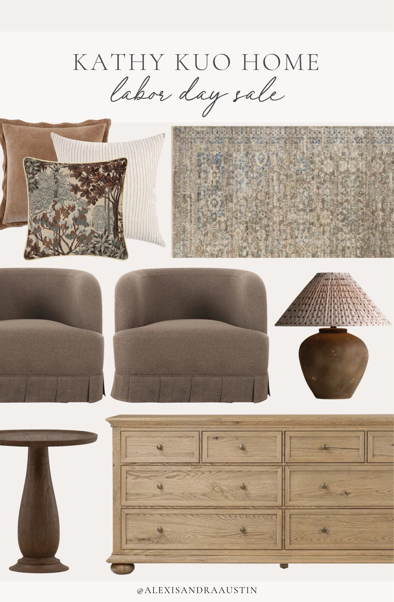 #ad Rounding up some of my favorite @kathykuohome finds during the Labor Dale Sale! Now is the perfect time to invest in the quality furniture piece you’ve had your eye on this season!

From neutral wood tones to cozy, warm accents — find all the things that caught my eye for a collected and layered home with up to 25% off site wide.

Home finds, neutral home inspo, collected style, neutral furniture favorites, Labor Day sale, fall refresh, deal of the day, sale alert, neutral wood tones, vintage inspired area rug, cozy accent chair, layered throw pillows, oversized table lamp, wooden accent chair, scalloped throw pillow, dresser details, Kathy Kuo Home, shop the look!

#LTKSeasonal #LTKHome #LTKSaleAlert