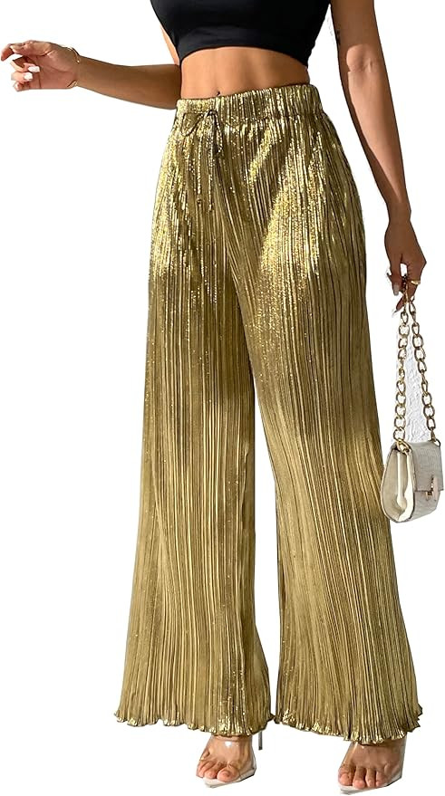 heipeiwa Women's Metallic Wide Leg Palazzo Pants Pleated Party Club Sequin Shiny Flare Pant Trous... | Amazon (US)