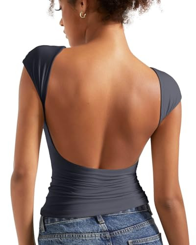SUUKSESS Women Backless Sexy Going Out Crop Tops Double Lined Open Back Y2k Basic Tee Shirts (Ash, XS) | Amazon (US)
