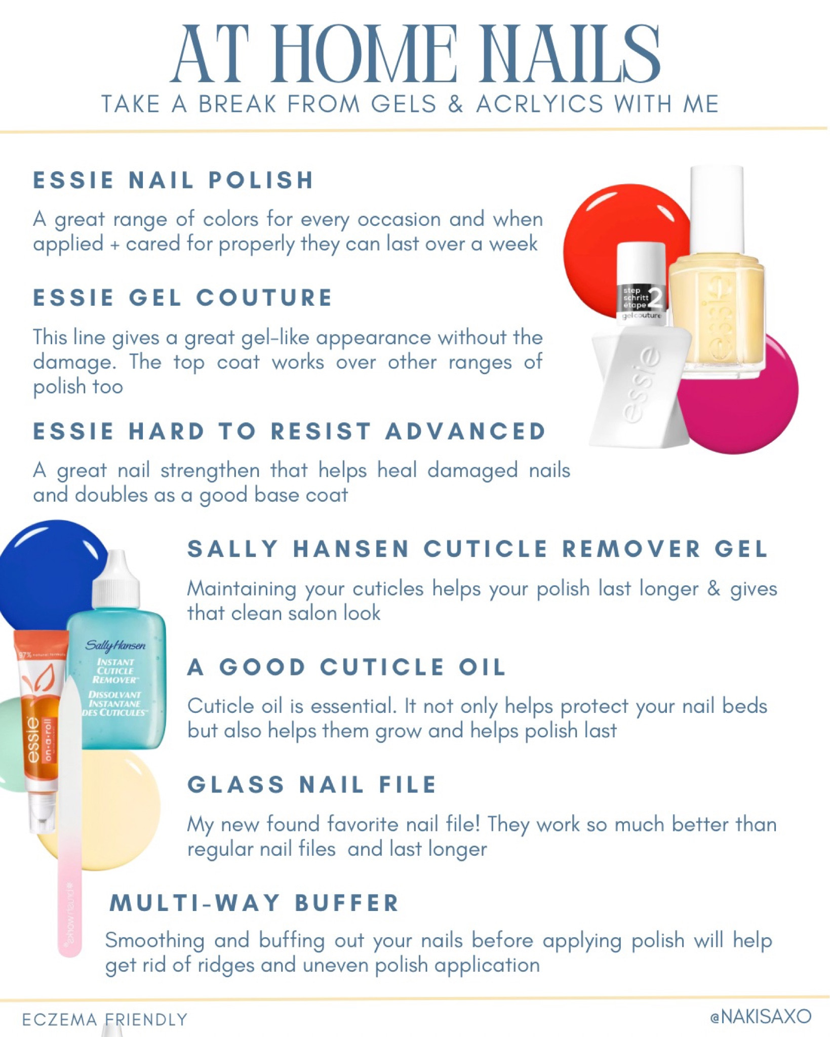 My eczema has been flaring up for the last 5+ months and someone suggested taking a break from my beloved acrylics/gels to see if it would make a difference. These are some of my fav at home nail products that I’ve found to help my nails look at least somewhat presentable & cute 💅

#LTKfindsunder50 #LTKbeauty #LTKsalealert