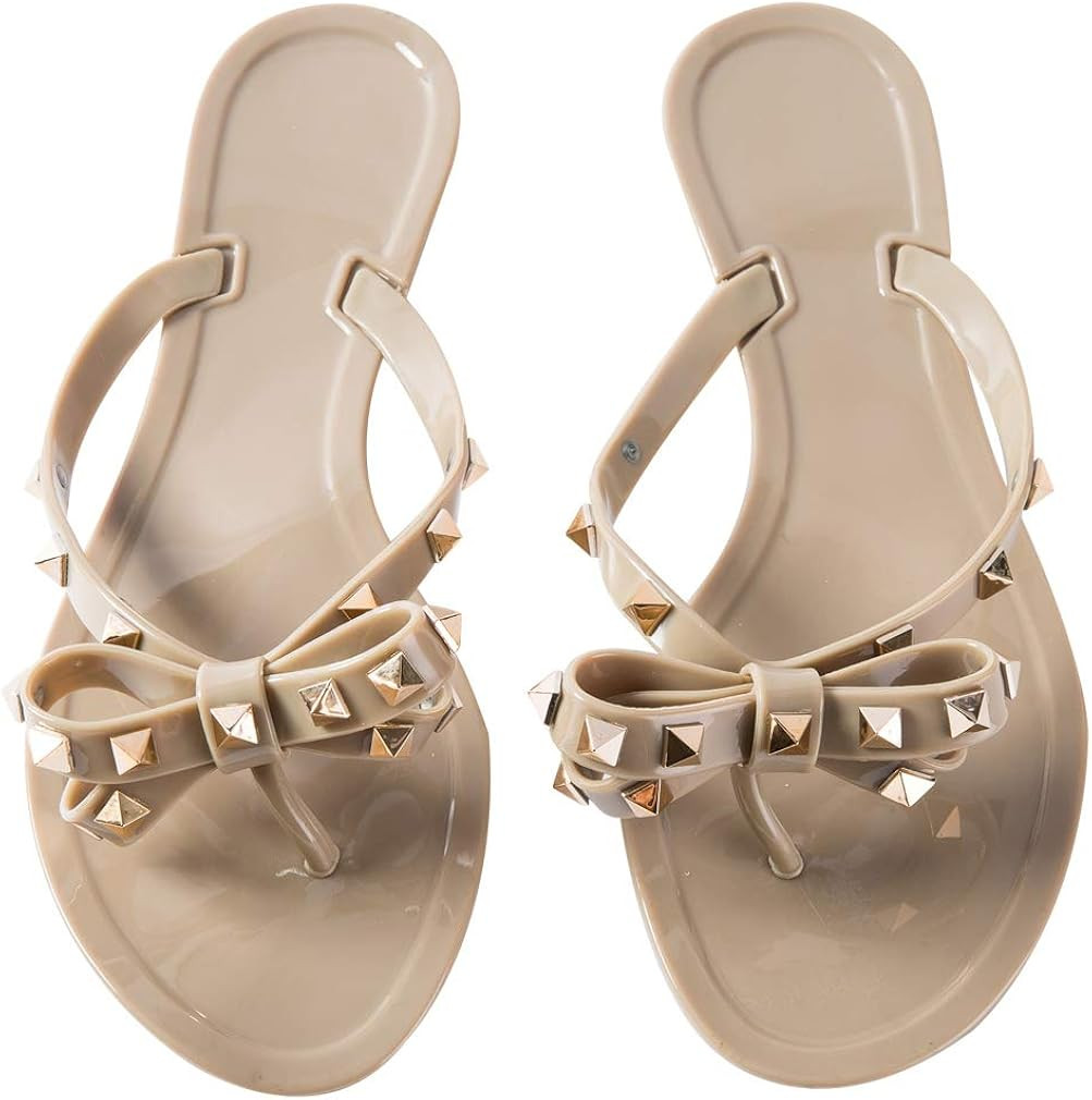 Mtzyoa Women Bow Pearls Flip-Flops Sandals Beach Flat Rivets Rain Jelly Shoes | Amazon (US)