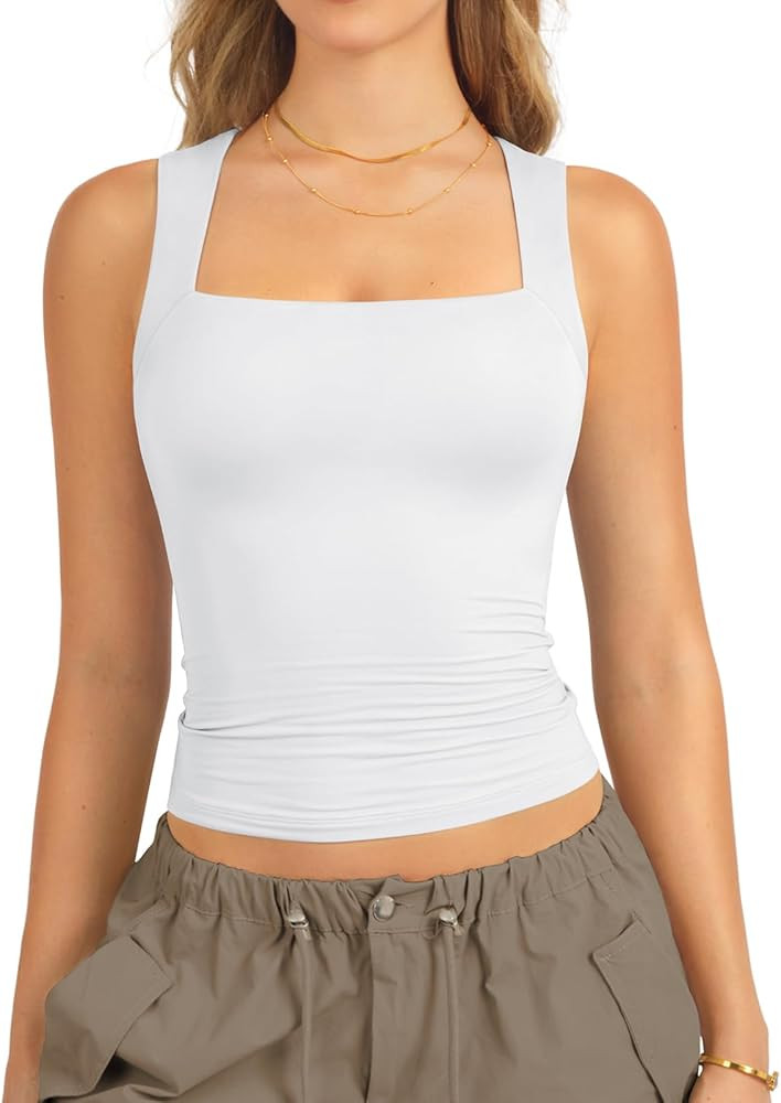 ATHMILE Tank Tops for Women Square Neck Sleeveless Double-Layer Tank Tops Basic Tight T Shirts | Amazon (US)