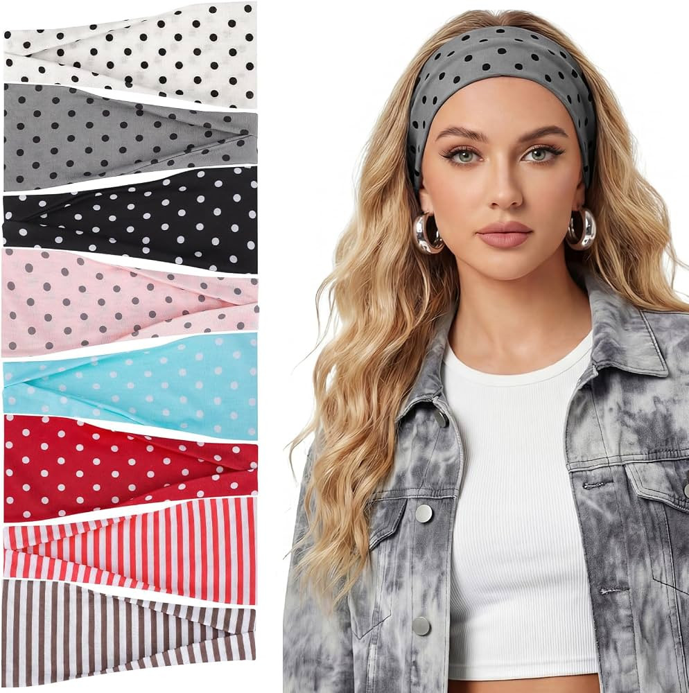obeoby 8 Pack Polka Dot Headband for Retro Y2K Style, Trendy Stripe Hairbands for Girls Non Slip ... | Amazon (US)