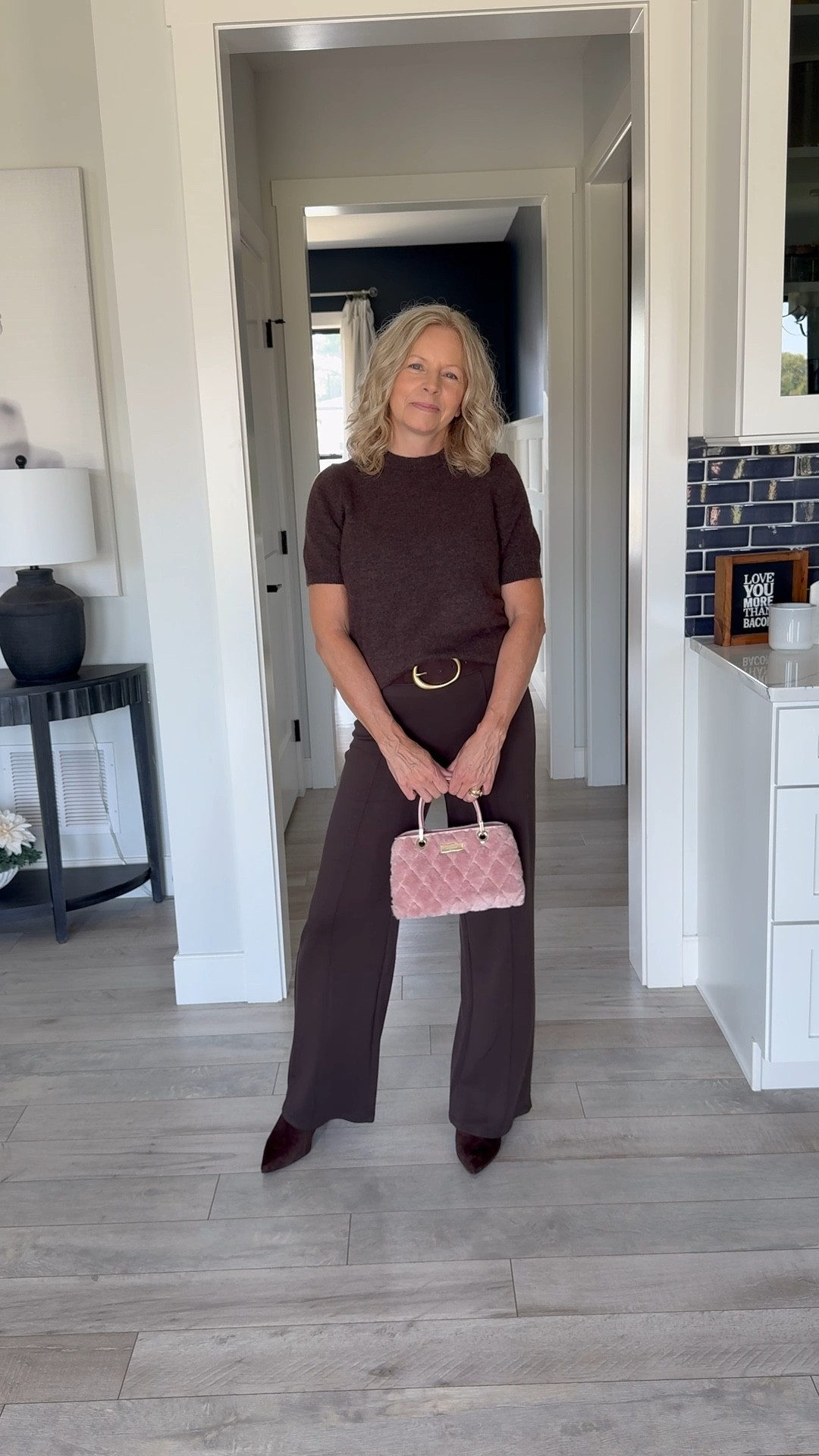 When you don’t know what to wear, throw on a monochromatic look. Add a few accessories and you have a guaranteed chic look for any occasion.  Choose a bag with a pop of color.  Who doesn’t love brown and pink together? Everything fits true to size. I’m 5’3” and wearing small in sweater, pants, and belt. #fallfashion #whattowear #chocolate #trendingcolors #over50style #fashionover50 

#LTKWorkwear #LTKStyleTip #LTKTravel