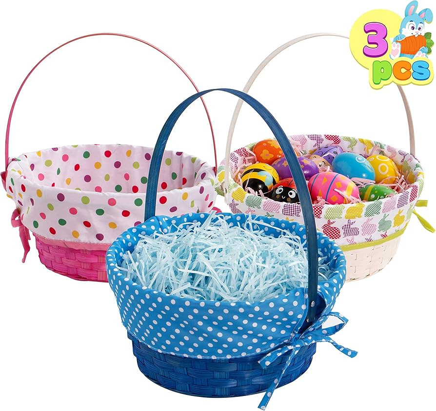 JOYIN 3 Pcs Easter Bamboo Baskets with Polka Dots Lining and Handle, Woven Easter Eggs Hunting Bu... | Amazon (US)