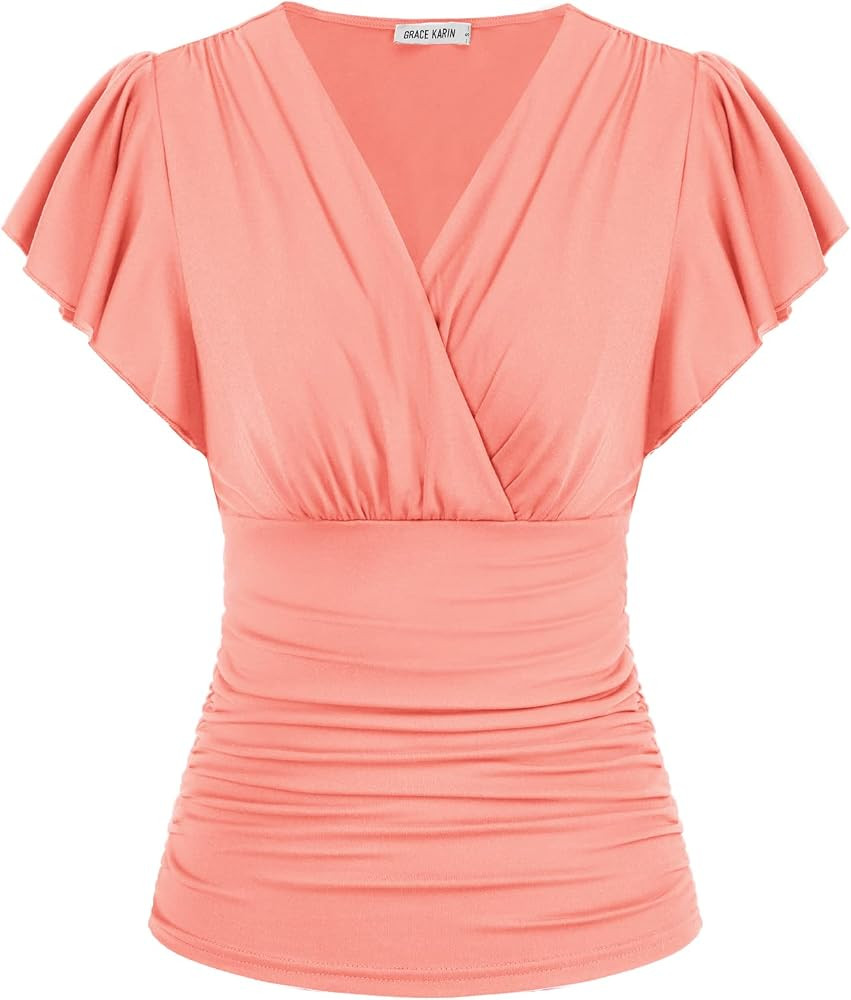 GRACE KARIN 2025 Womens Tops Summer Wrap Blouse V Neck Ruffle Sleeve Dressy Casual Top Ruched Tre... | Amazon (US)
