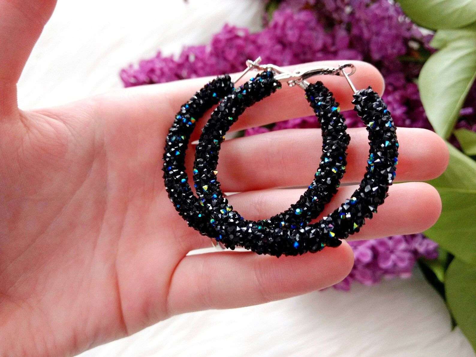 Black rhinestone earrings black circle black hoop earrings | Etsy | Etsy (US)