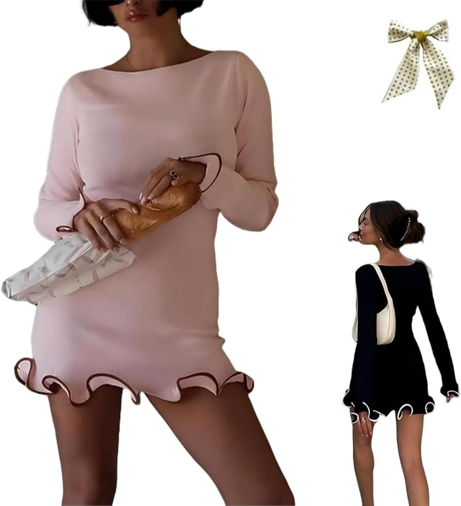 Women's Contrast Binding Flounce Sleeve Dress,Elegant Long Sleeve Ruffle Hem Short Dress,Boat Nec... | Amazon (US)