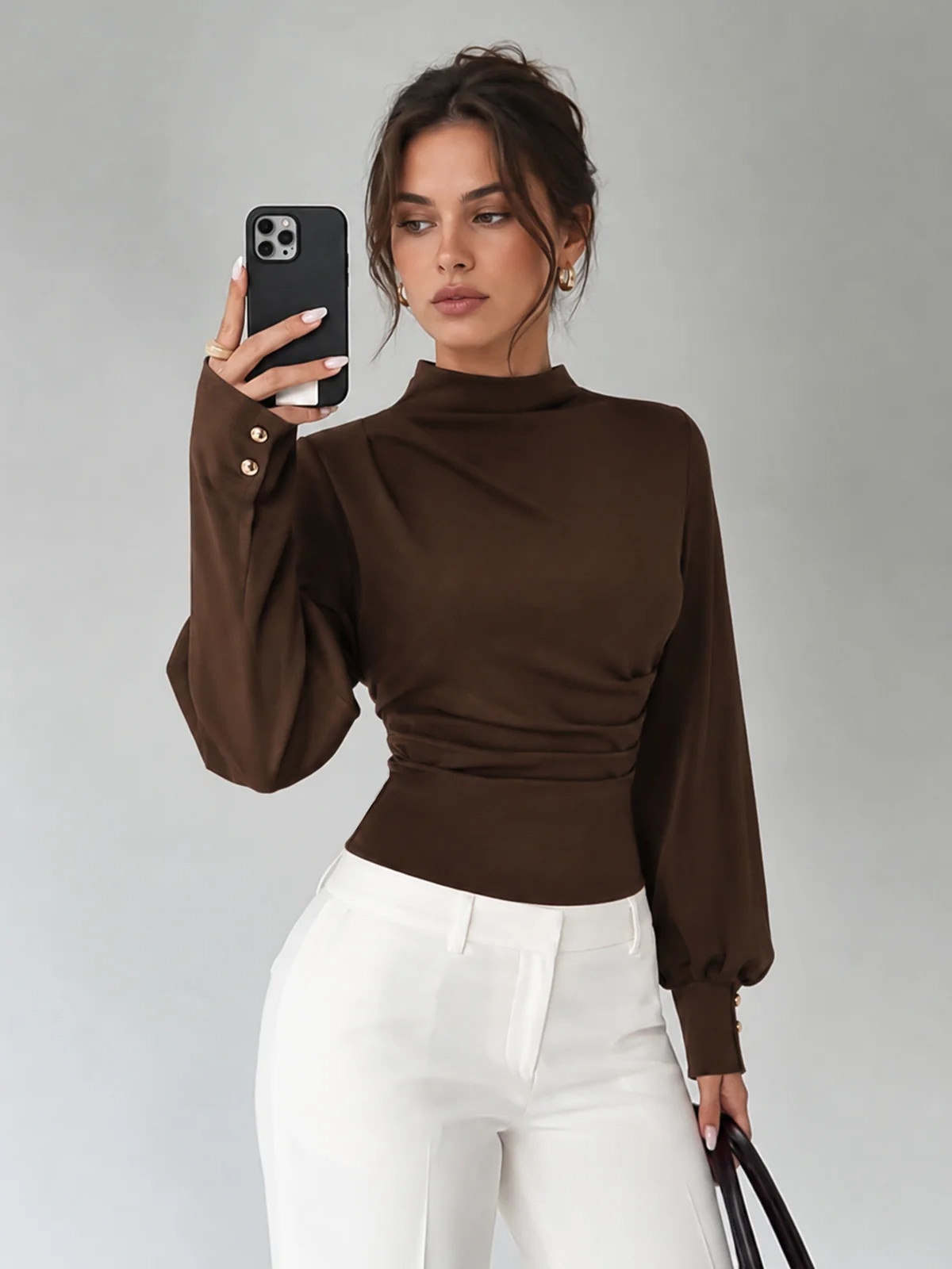 Stretch Draped Lantern Sleeve Blouse | Commense