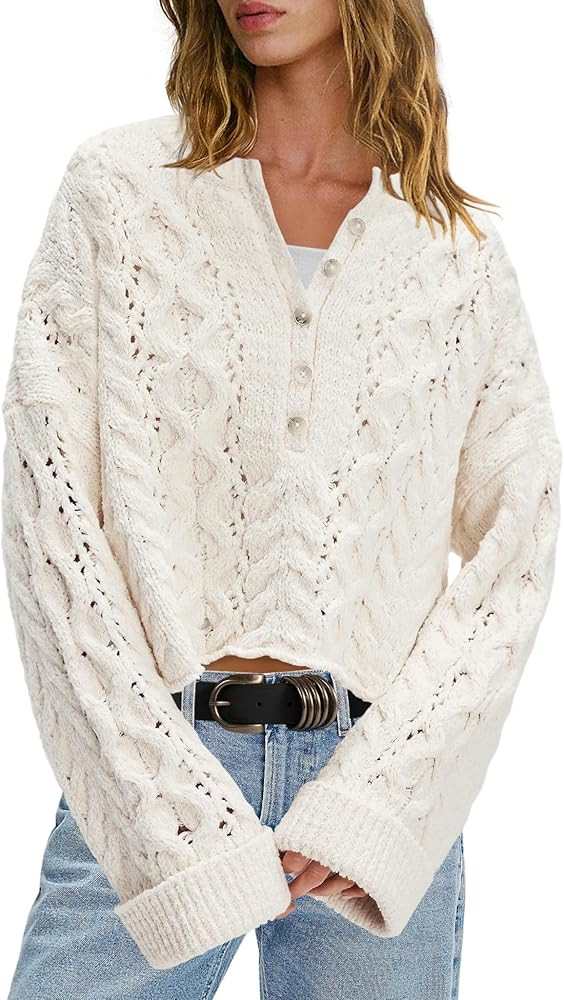 LAMISSCHE Cable Knit Sweater Women Cropped Sweaters Oversized Fall Sweaters Long Sleeve Half Butt... | Amazon (US)