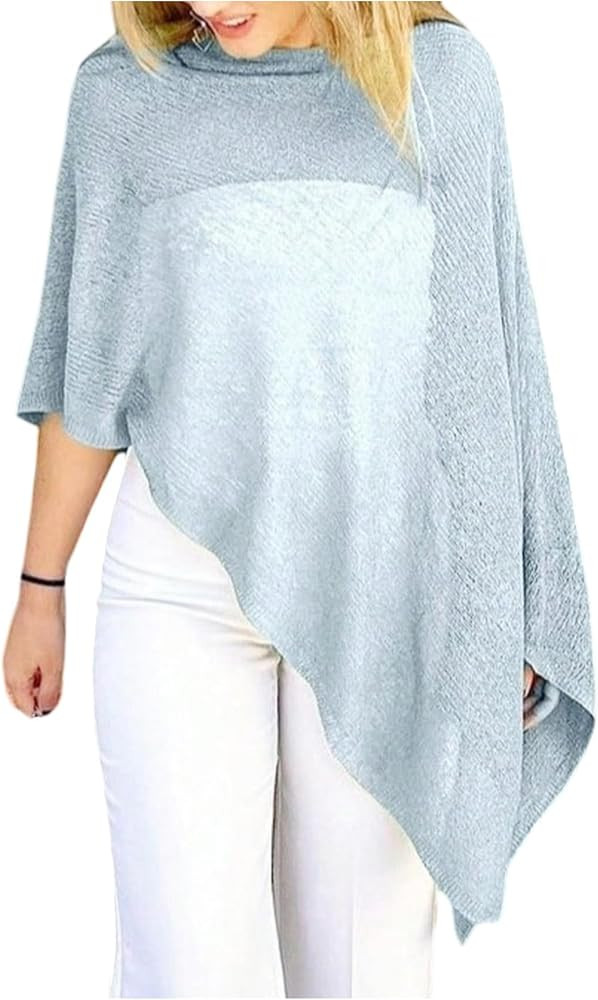 SHENHE Women's Sheer Poncho Shrug Top Lightweight Flowy Knit Sweater Poncho Pullover Light Blue S... | Amazon (US)