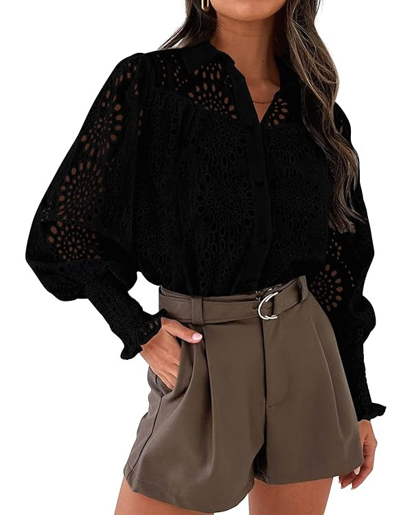 PRETTYGARDEN Women's Fall Button Down Shirts Dressy Casual Long Puff Sleeve Eyelet Loose Fit Coll... | Amazon (US)
