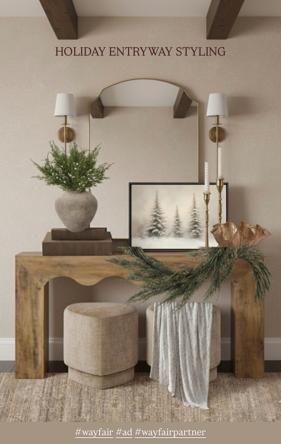 Modern and elevated entryway styling with @wayfair🤍 This stunning scalloped console table (under $200!) pairs so beautifully with these ottomans. Added a soft garland, subtle greens and candles to bring in that cozy holiday glow✨✨


#wayfair #wayfairpartner #ad #ltkchristmas , holiday entryway styling, holiday console table, Christmas decor 


#LTKHome #LTKSeasonal #LTKHoliday