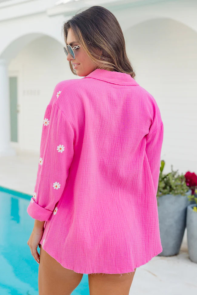 Something Great Hot Pink Floral Applique Button Front Gauze Blouse | Pink Lily