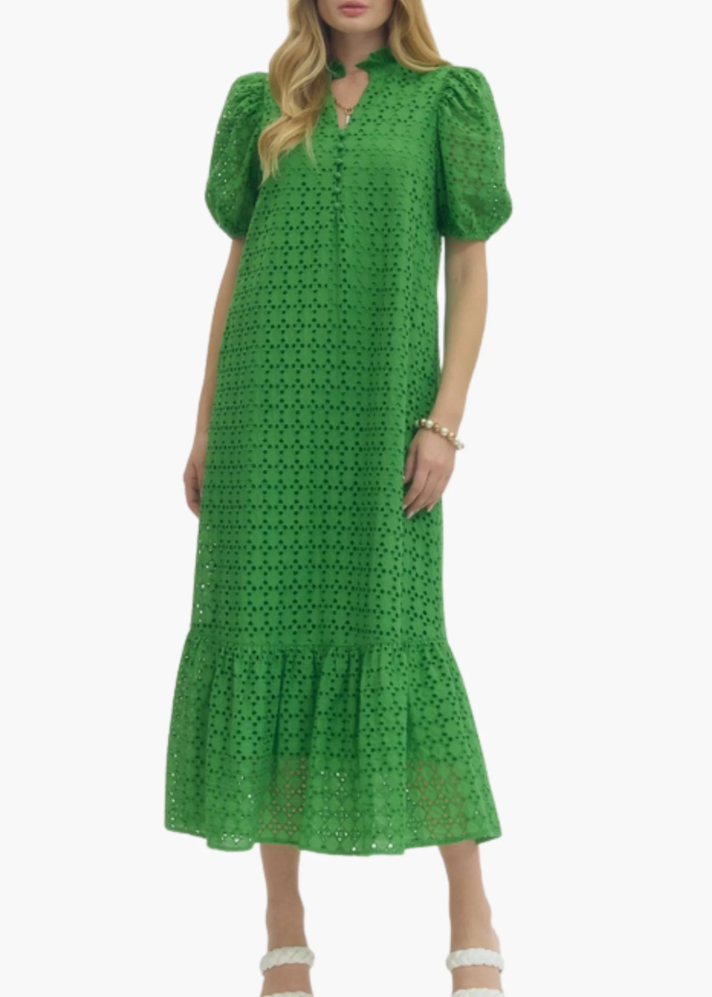 Laura Midi Dress in Green Eyelet | Poppy and Pink