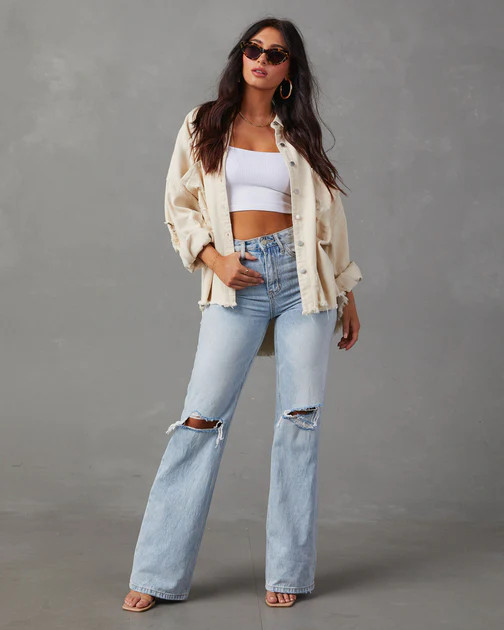Thinking Out Loud Cotton Distressed Denim Jacket - Oatmeal | VICI