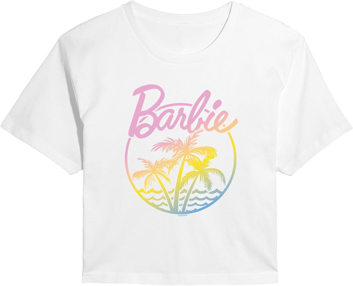 Barbie Women's Juniors Palm Tree Tropical Logo Classic Fit Soft Feel Cropped Short Sleeve T-Shirt | Amazon (US)
