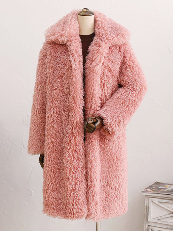 Pink Faux Fur Coat Turndown Collar Oversized Eco-friendly Full Length Coat | Milanoo