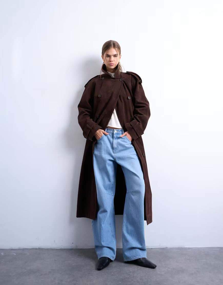 Topshop - Trench oversize taglio lungo in camoscio sintetico color cioccolato-Marrone | ASOS (Global)