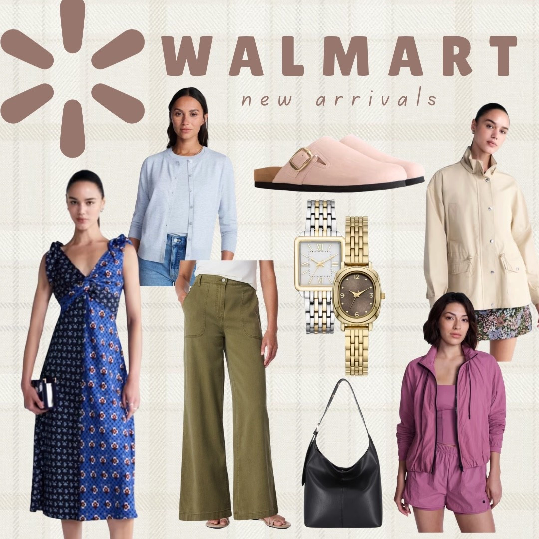 Walmart new arrivals I’m loving right now! 🛒✨ A blue floral midi dress, a light blue button-front cardigan, olive wide-leg trousers, blush suede clog mules, two-tone and gold watches, a hobo bag, a cream utility jacket, and a mauve zip-up jacket with matching shorts.

Linking everything below, true to size on all!

#LTKootd #LTKgrwm #LTKSeasonal