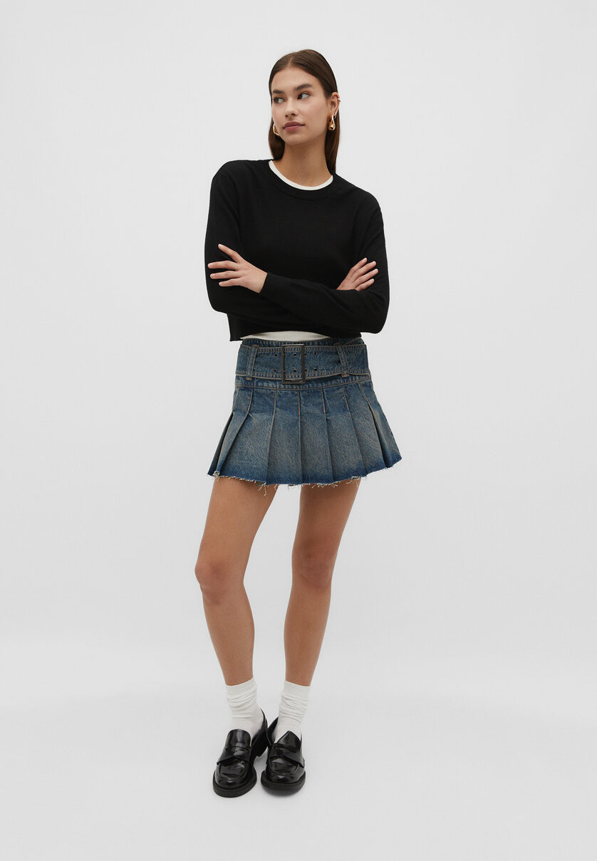 Denim minirok met bandplooi | Stradivarius (NL)
