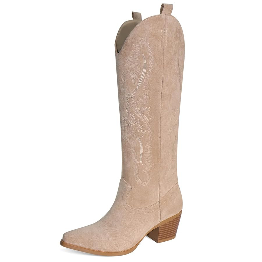 UBWDU Suede Cowboy Knee High Boots Women Pointed Toe Chunky Heel Embroidered Western Cowgirl Boot... | Amazon (CA)