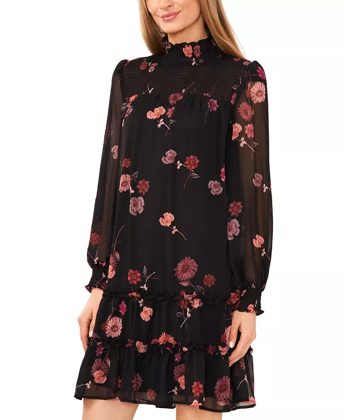 CeCe Women's Long-Sleeve Smocked-Neck Ruffle Hem Dress - Macy's | Macys (US)