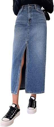 SweatyRocks Women's Casual Denim Skirt High Waist Split Front Long Jean Skirts | Amazon (US)