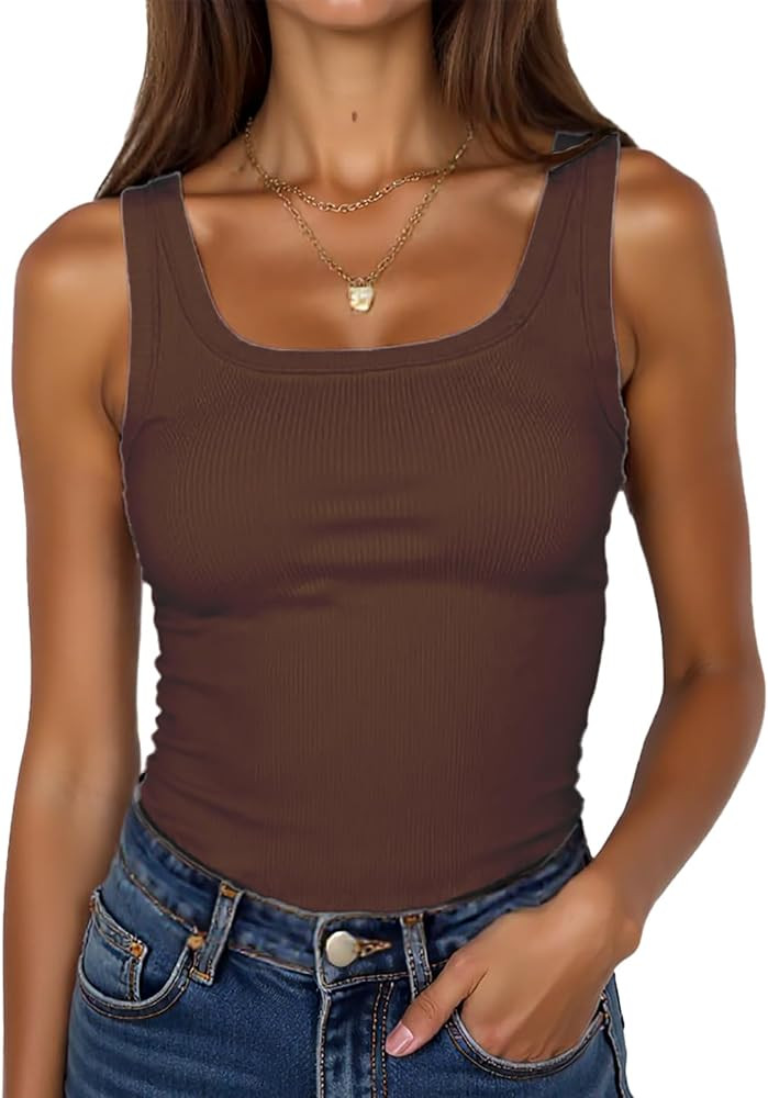 BDITANLE Women Sleeveless Square Neck Ribbed Tank Top Fitted Summer Basic Cami T-Shirts | Amazon (US)
