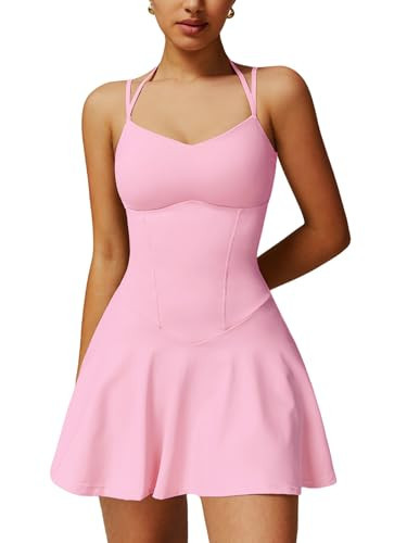 ABOCIW Womens Spaghetti Strap Tennis Dress with Built-in Shorts and Bra Golf Athletic Dress with Pockets Pink S | Amazon (US)