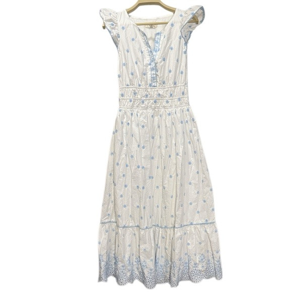 Rachel Zoe White Blue Floral Embroidered Midi Dress Smocked Waist Size 6 Flowy | Poshmark