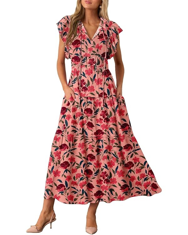 BLENCOT Womens Cotton Floral Maxi Dresses Casual Flowy Boho Dresses Summer Ruffle Short Sleeve V ... | Amazon (US)