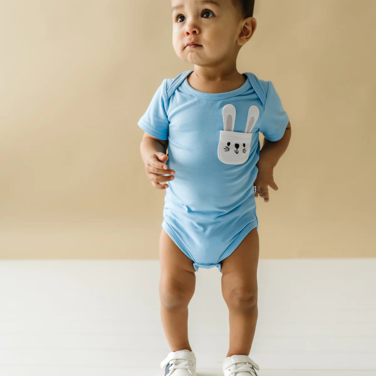 Sky Blue Bunny Rabbit Graphic Pocket Bodysuit | Little Sleepies
