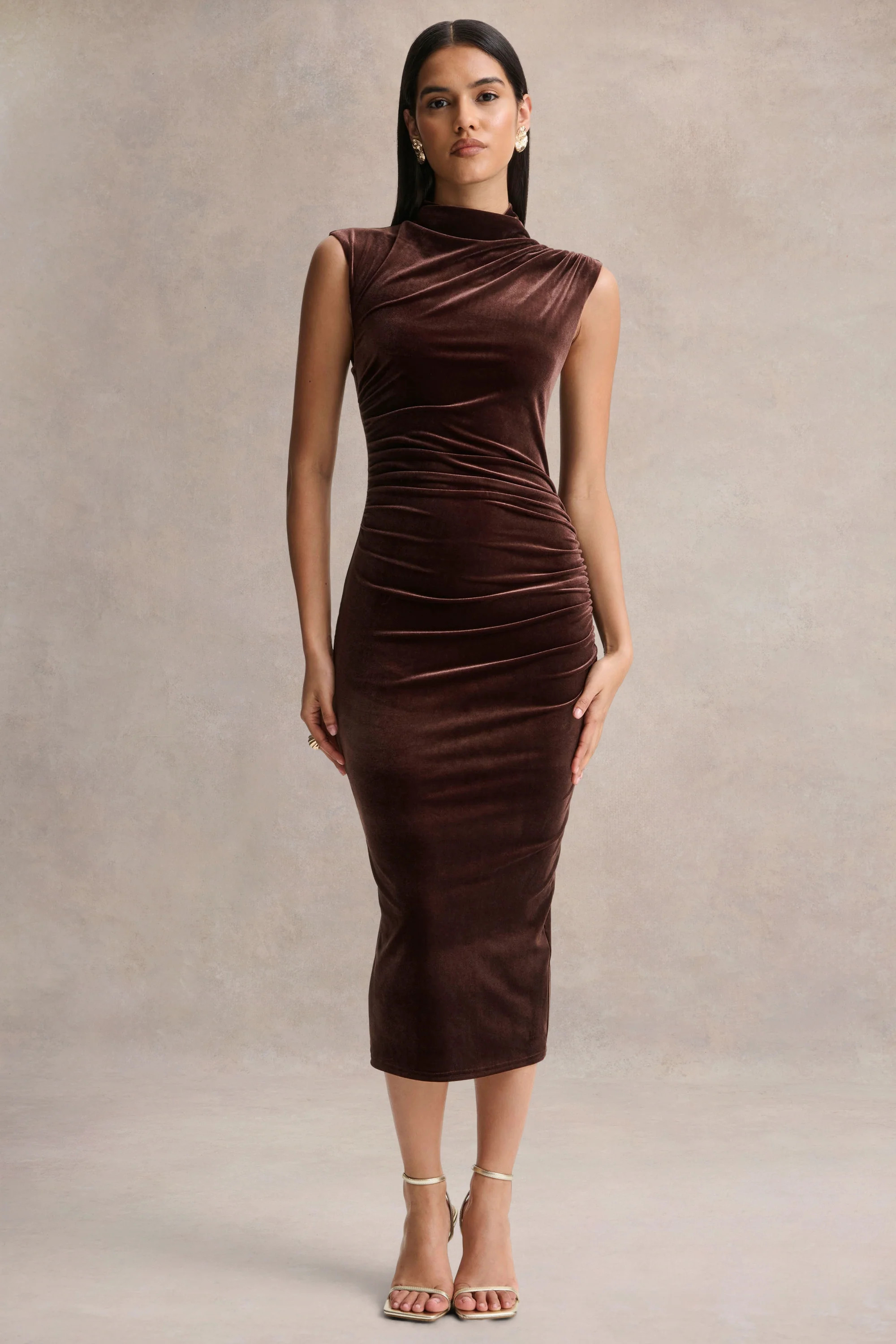 Novine | Brown Velvet High-Neck Midi Dress | Club L London