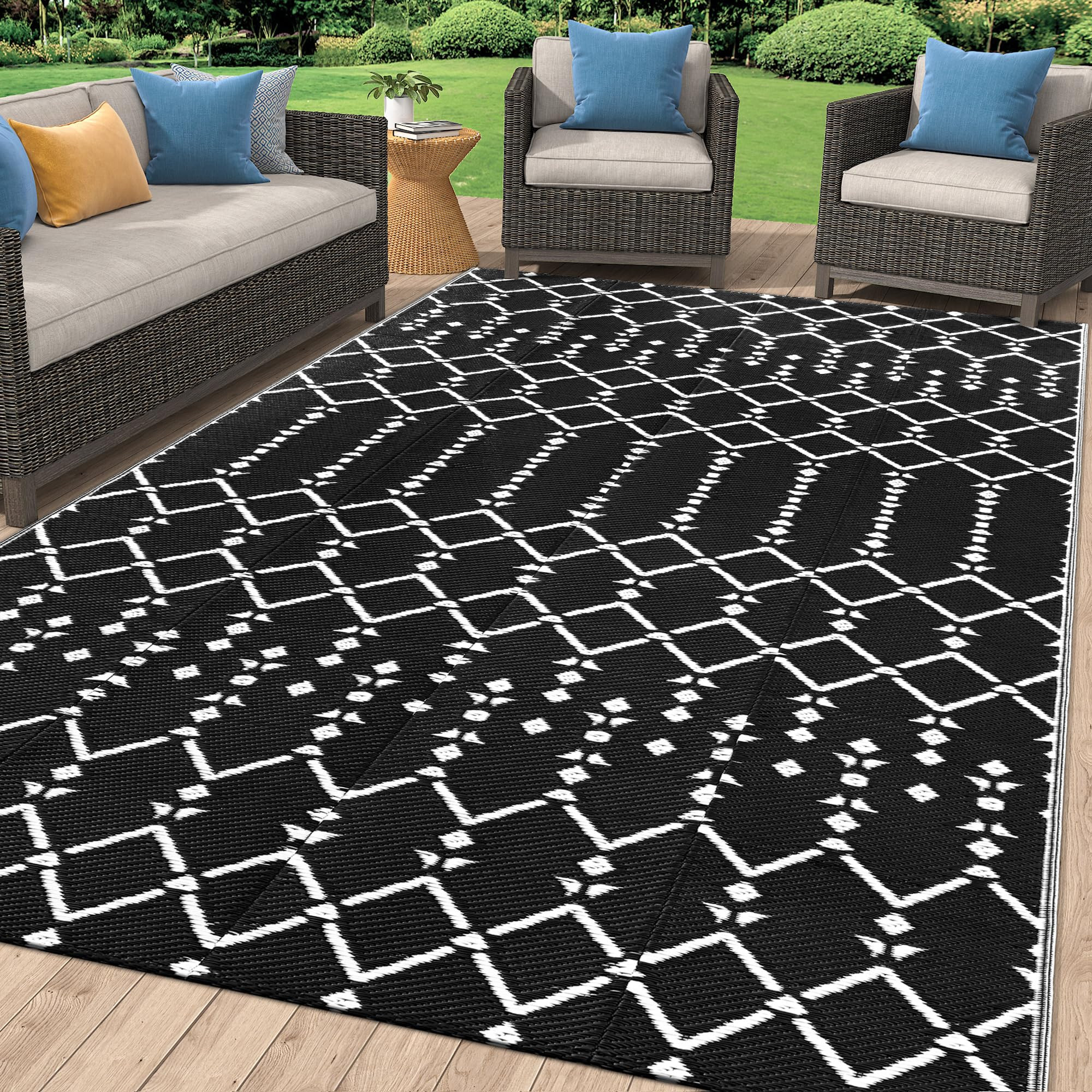 Smiry Outdoor Rug 8x10 ft, Waterproof Reversible Plastic Straw Rugs, Boho Outdoor Area Rug, Outside Floor Mat for Patio, Backyard, Deck, Picnic, Beach, Camping, Black | Amazon (US)