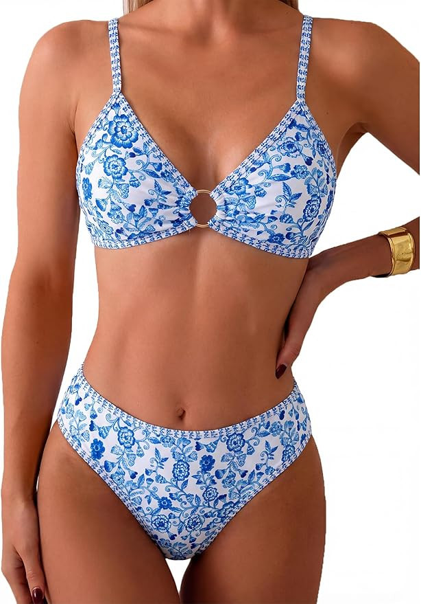 Tainehs Women's Two Piece Bikini Sets O Ring Front Top Ditsy Floral Triangle Swimsuits Cheeky Bat... | Amazon (US)