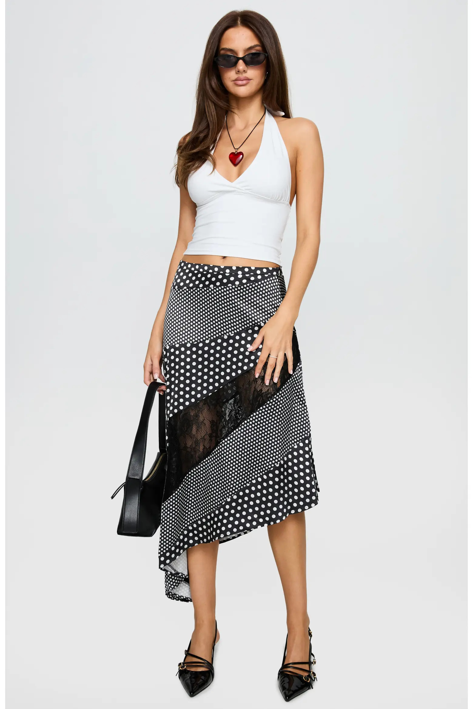 Princess Polly Midnight Memories Mixed Polka Dot & Lace Asymmetric Midi Skirt (Women) | Nordstrom | Nordstrom