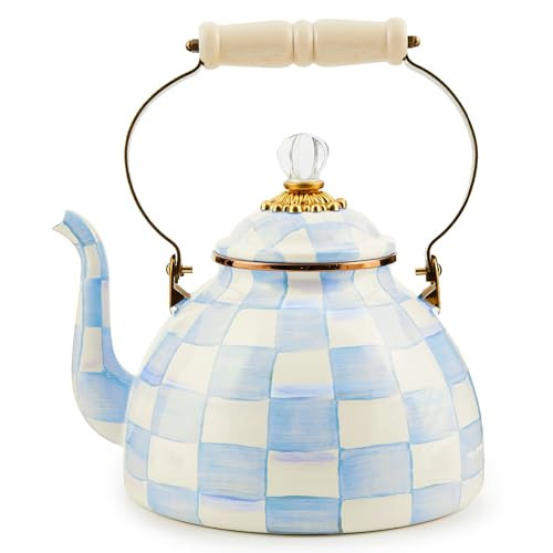 MACKENZIE CHILDS Enamel Tea Kettle, Decorative Tea Kettle for Stovetop, 3 Quarts, Light-Blue-and-White Sky Check | Amazon (US)