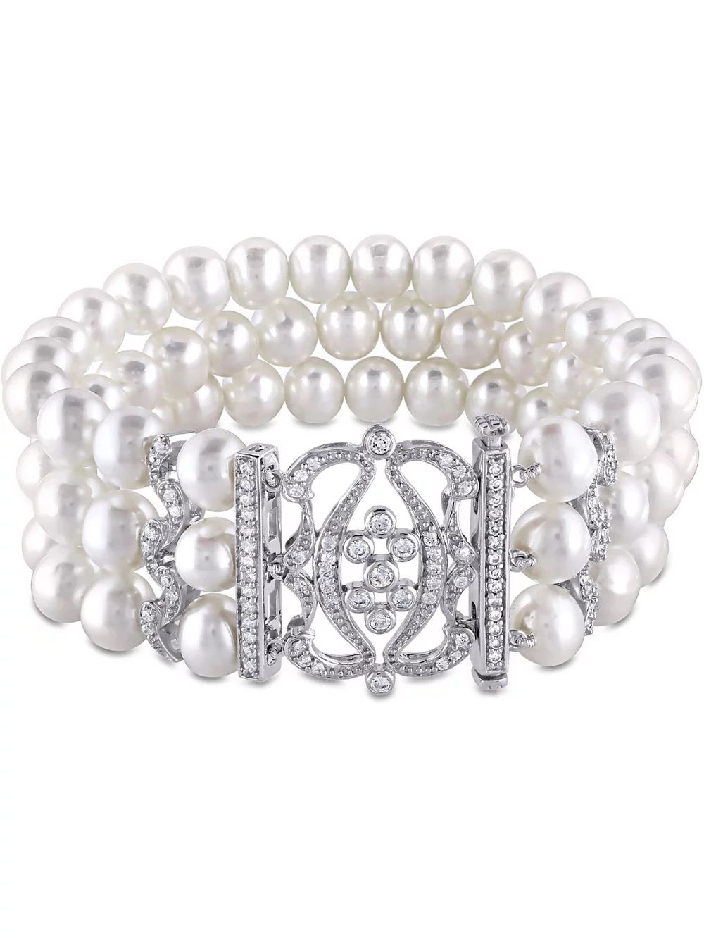 White Freshwater Cultured Pearl 6.5-7mm Bracelet with Cubic Zirconia (CZ) In Sterling Silver | Walmart (US)