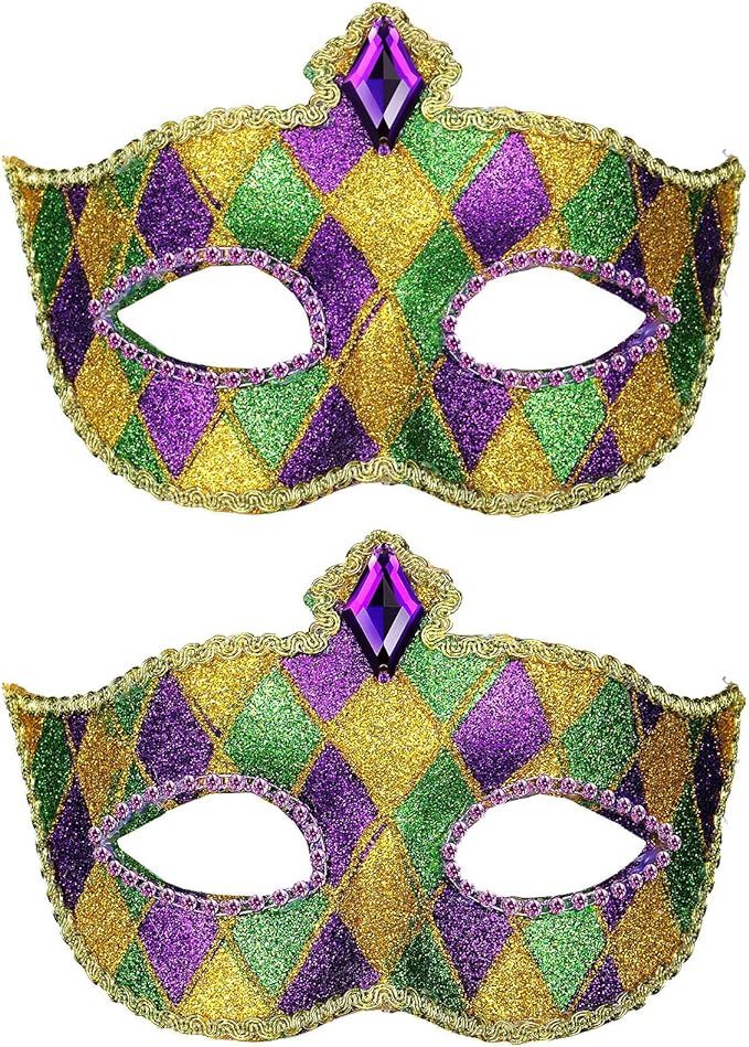 Skylety 2 Pieces Mardi Gras Masquerade Mask Glitter Venetian Party Ball Prom Masks Women Men Part... | Amazon (US)