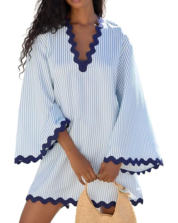 VAOYIU Women's Boho Striped V-Neck Dress Flowy Bell Sleeves Cover Up with Wavy Trim Beach Resort ... | Amazon (US)