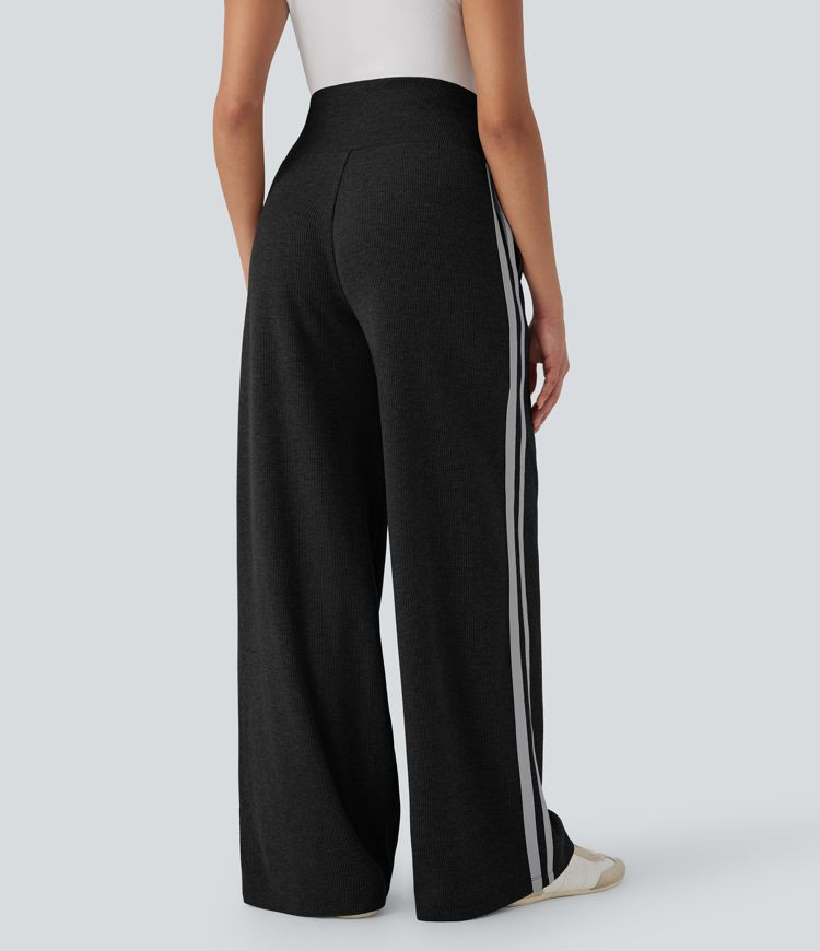 Ribbed SoCinched High Waisted Tummy Control Drawstring Wide Leg Color Block Casual Pants with Poc... | HALARA