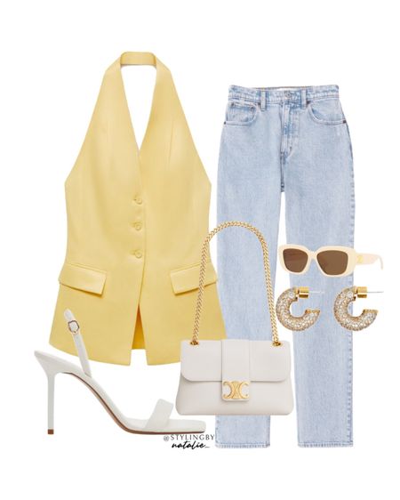 Halter neck yellow waistcoat, ultra high rise jeans, celine bag, diamanté gold hoop earrings & white heeled sandals.
Going out outfit, spring/summer outfit, date night, brunch outfit, bank holiday outfit.

#LTKSeasonal #LTKstyletip #LTKeurope