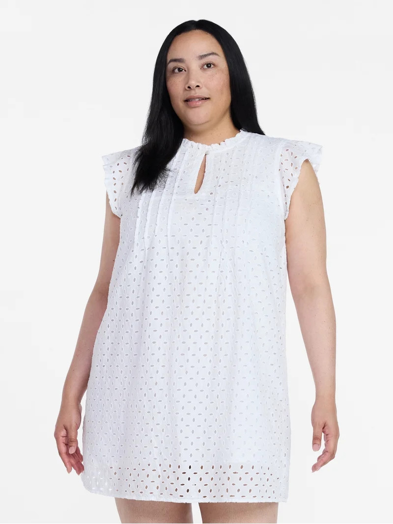 Time and Tru Women's Cotton Eyelet Mini Dress with Flutter Sleeves, Sizes XS-XXXL | Walmart (US)