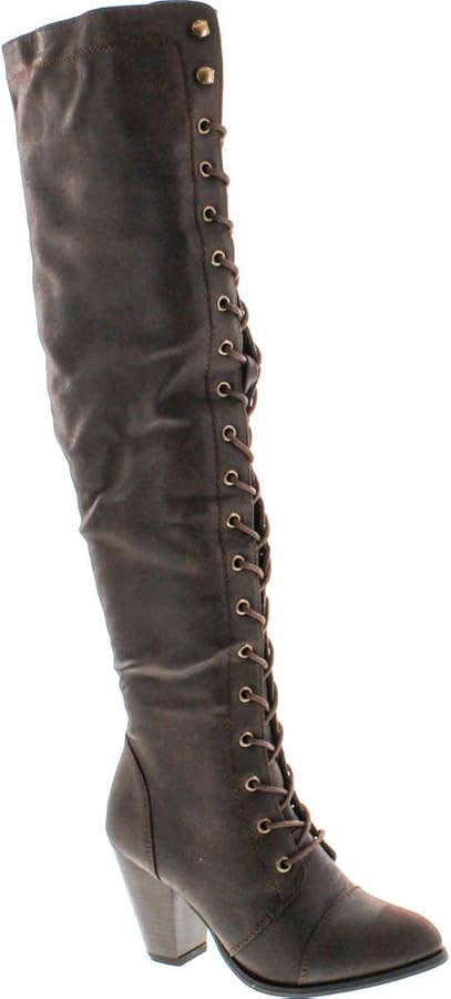 Forever Women's Knee-High Lace-Up Boot Camila-48 Brown Pu Pu 8 | Amazon (US)